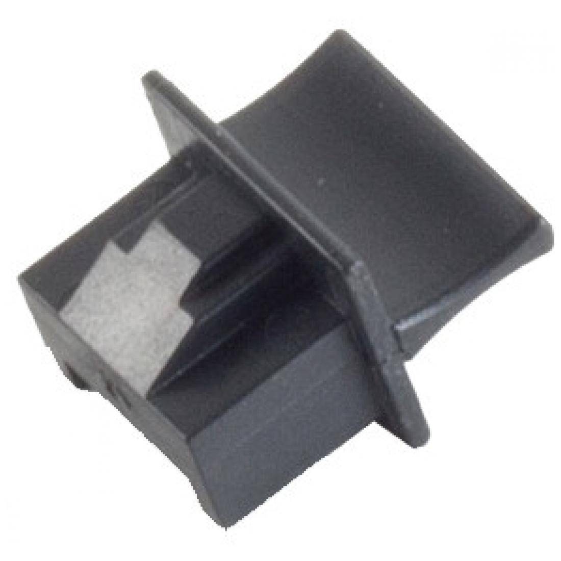 Ein kleiner schwarzer Kunststoffclip mit einem federbelasteten Mechanismus, der zum Sichern oder Befestigen von Gegenständen verwendet wird.