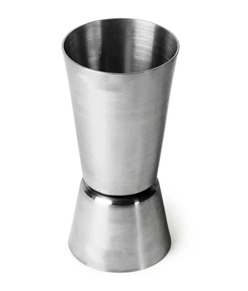 Ein Metall-Cocktail-Jigger mit zwei unterschiedlich großen Messbechern, typischerweise verwendet zum genauen Abmessen von Alkohol für Cocktails.
