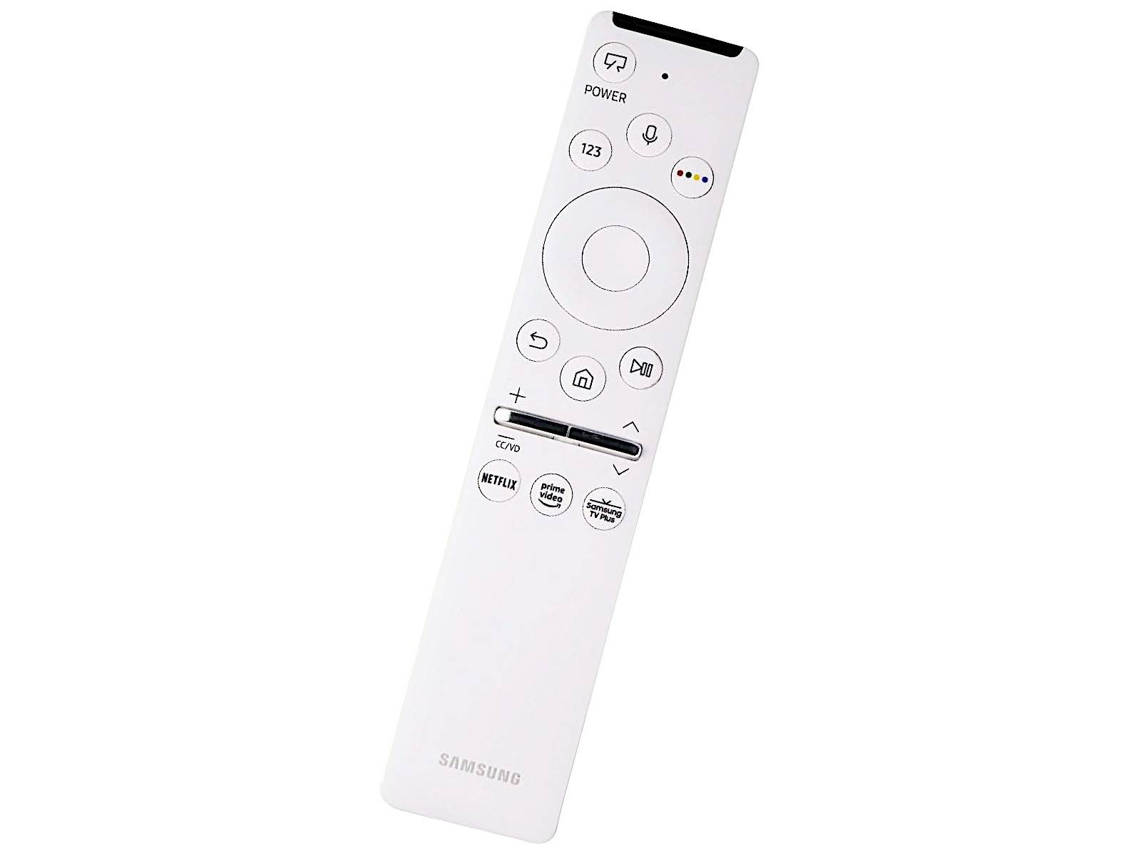 Eine weiße Samsung-Fernbedienung mit Tasten für Stromversorgung, Lautstärke, Kanalwahl, Startmenü und einer speziellen Netflix-Taste.