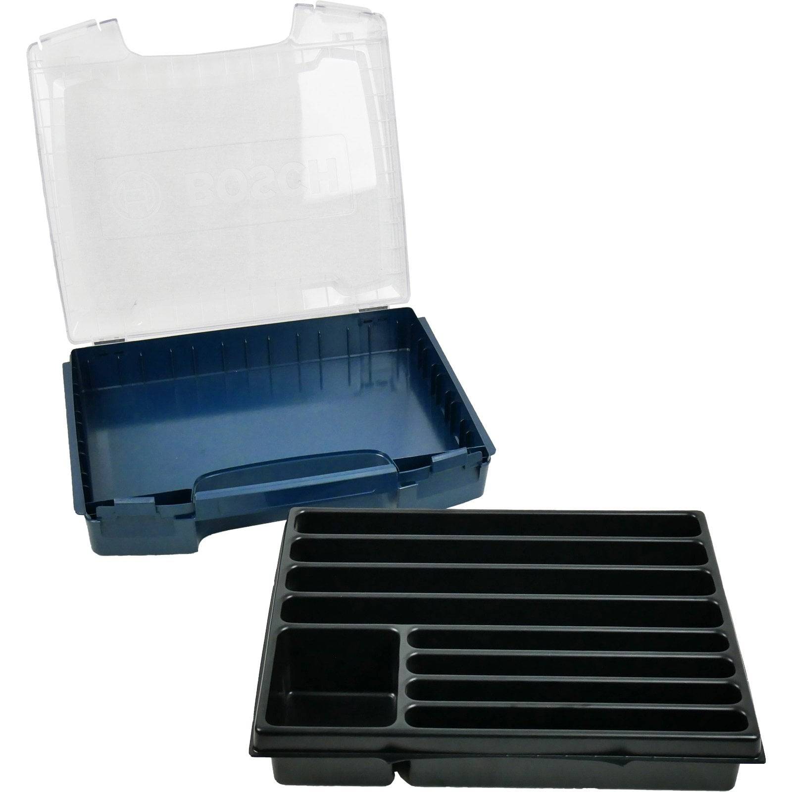 Offener Hartschalenkoffer mit transparentem Deckel und leerer schwarzer Einsatzschale mit mehreren Fächern.
