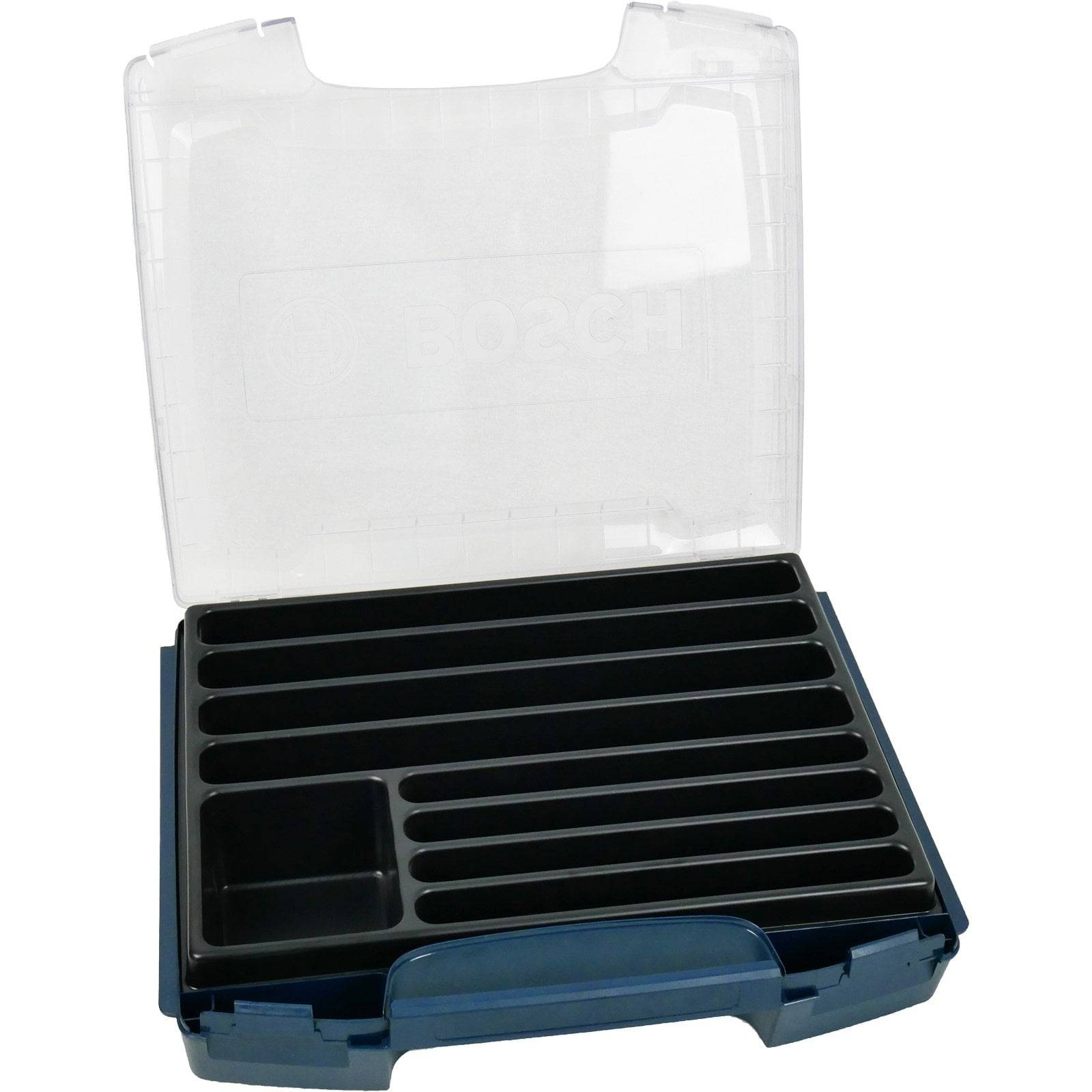 Ein offener, leerer blau-schwarzer Kunststoff-Aufbewahrungskoffer mit sechs Fächern, geeignet zur Organisation von Kleinwerkzeugen oder Ersatzteilen.