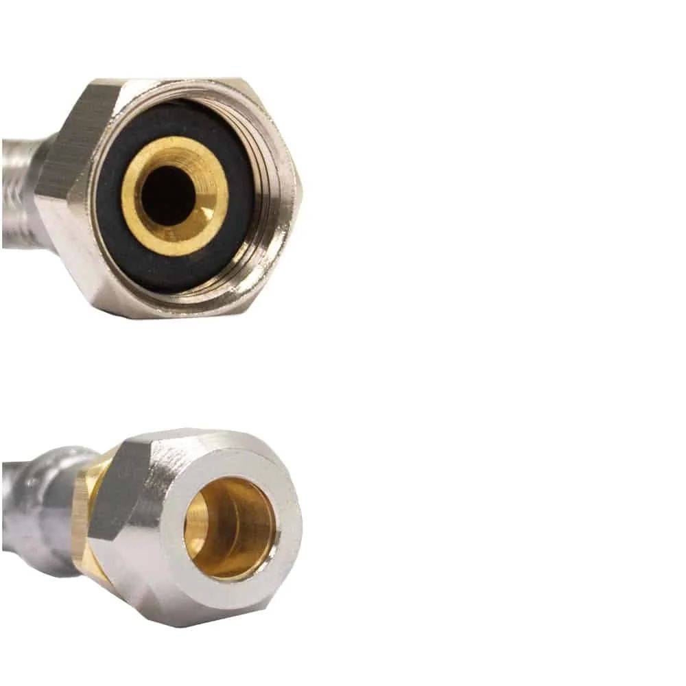 Zwei Nahaufnahmen eines Messingrohr-Anschlusses, die seine Gewinde- und Gummi-Dichtungsenden hervorheben.