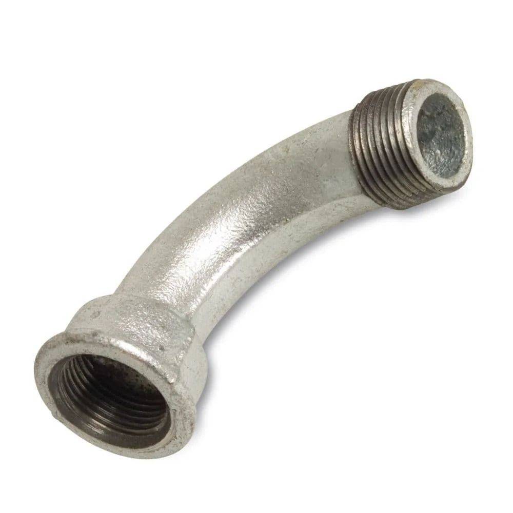 Ein Metallrohrwinkel mit Gewinde-Anschlüssen, das zum Verbinden zweier Rohre und zum Ändern ihrer Richtung verwendet wird.