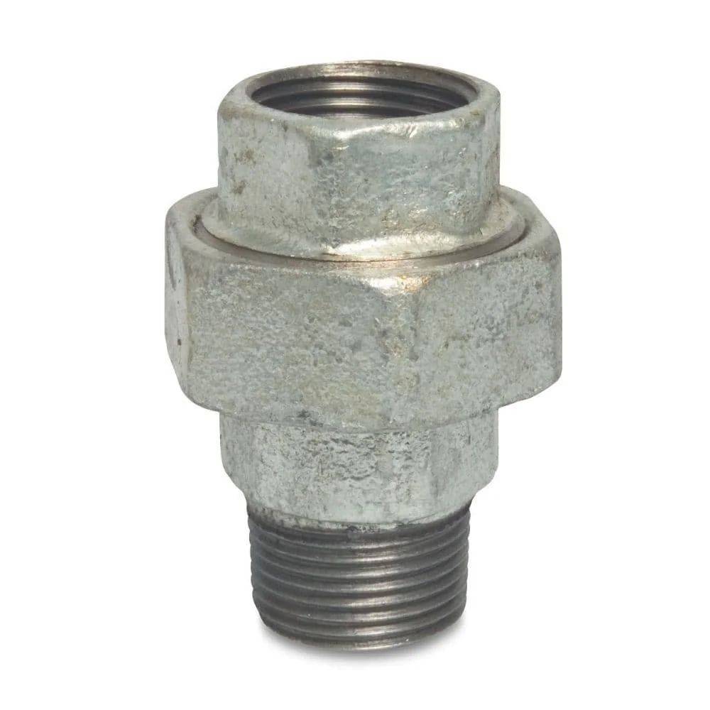 Eine Silbermetall-Rohrverbindung mit Gewinde an den Enden, die eine Überwurfverbindung für einfaches Verbinden und Trennen von Rohren zeigt.