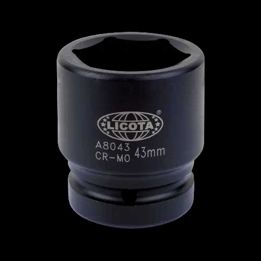 Eine schwarze Licota-Nuss, Modell A8043, Größe 43 mm, für CR-MO-Anwendungen, vor schwarzem Hintergrund gezeigt.