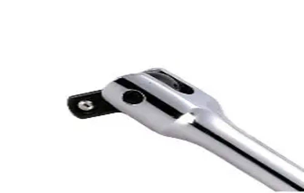 Ein glänzendes metallisches Werkzeug oder Bauteil mit einer schwarzen Befestigungsstelle, möglicherweise für den Bau oder für Maschinen verwendet.