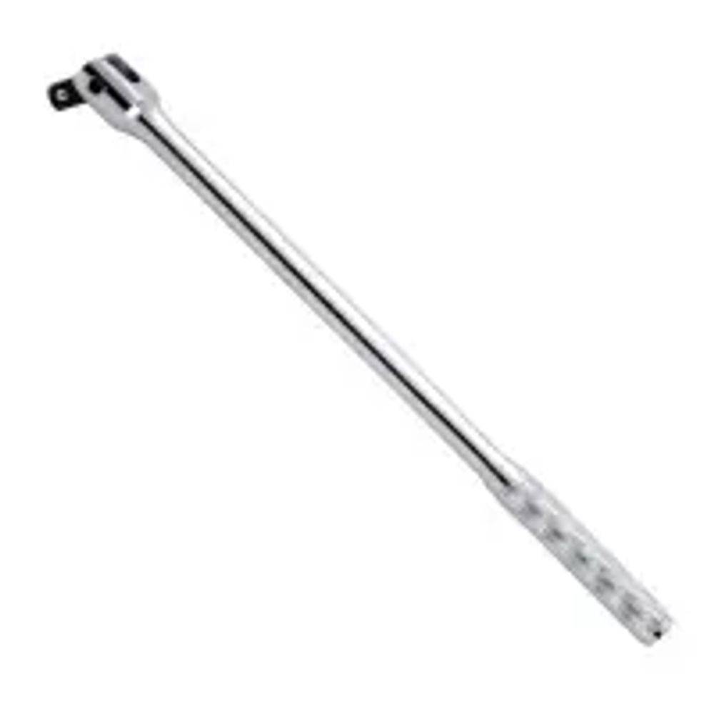 Ein silbernes Metallbrecheisen mit strukturierter Grifffläche, das zum Lösen festsitzender Bolzen und Muttern verwendet wird, vor einem weißen Hintergrund dargestellt.