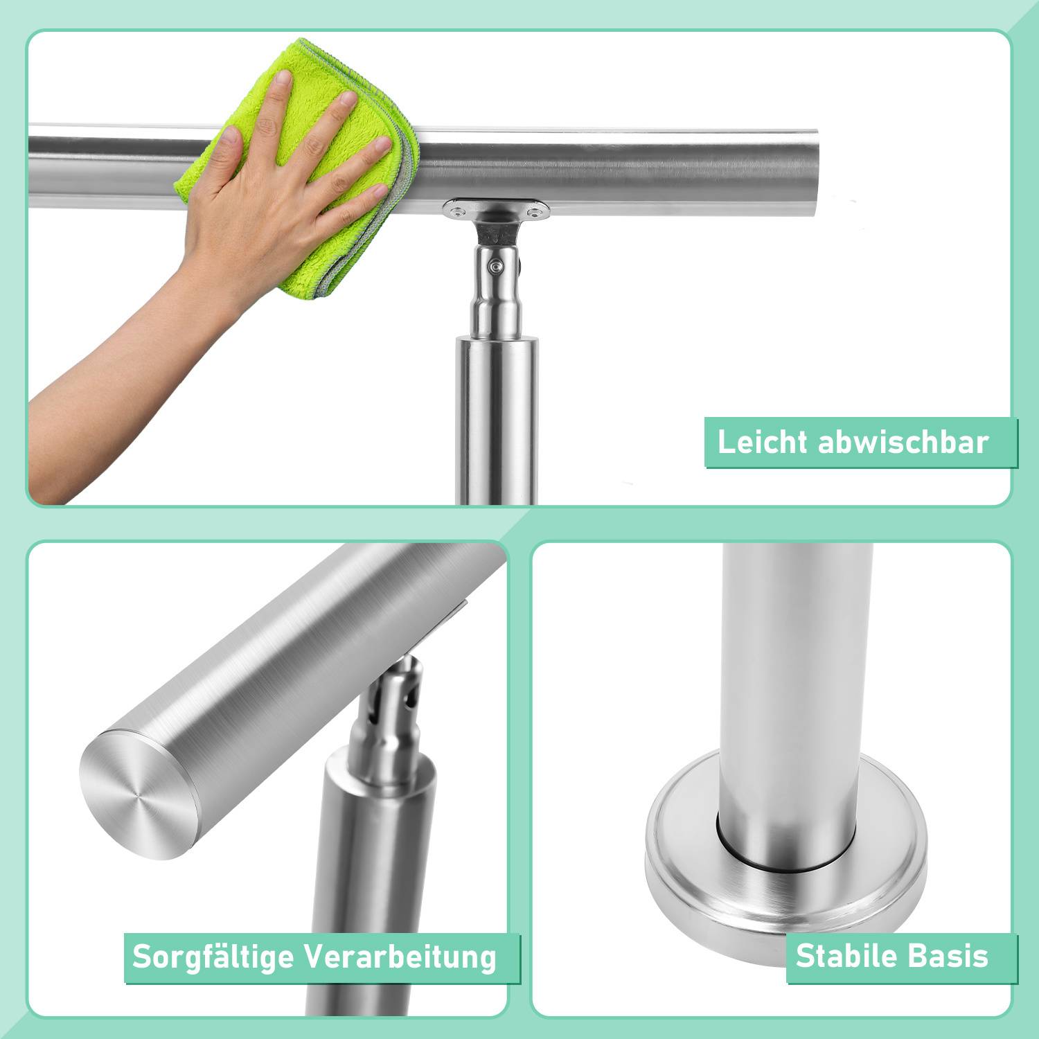 Eine Hand wischt eine Metallstange mit einem grünen Tuch ab. Textfelder heben Merkmale hervor: „Leicht abwischbar