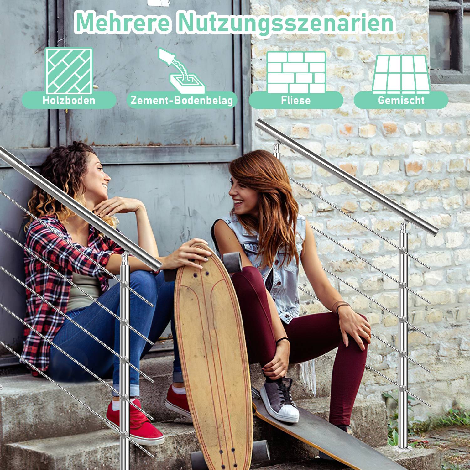 Zwei Frauen sitzen auf Stufen mit Skateboards; deutscher Text sagt „Mehrere Nutzungsszenarien" und zeigt Bodenoptionen: Holz, Zement, Fliesen, Mischung.