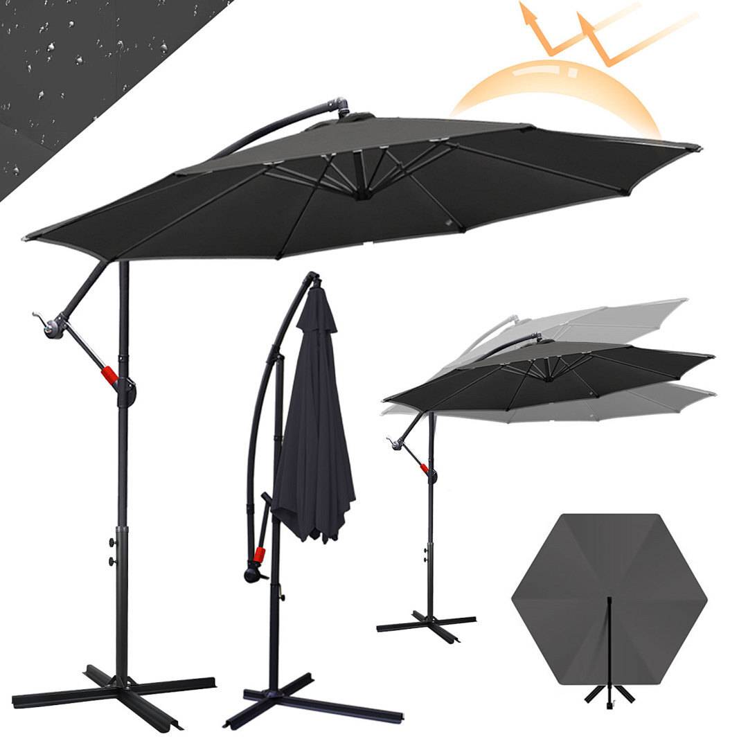 Großer dunkler Regenschirm mit UV-Schutz, verstellbarem Neigungswinkel und Kurbelhub, dargestellt im offenen und geschlossenen Zustand zusammen mit einem Diagramm von Sonnenstrahlen.