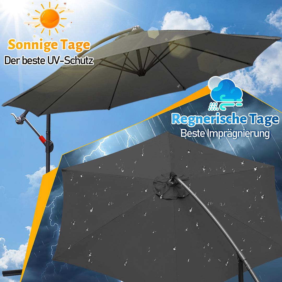 Regenschirm mit Sonnensymbol, das „Sonnige Tage