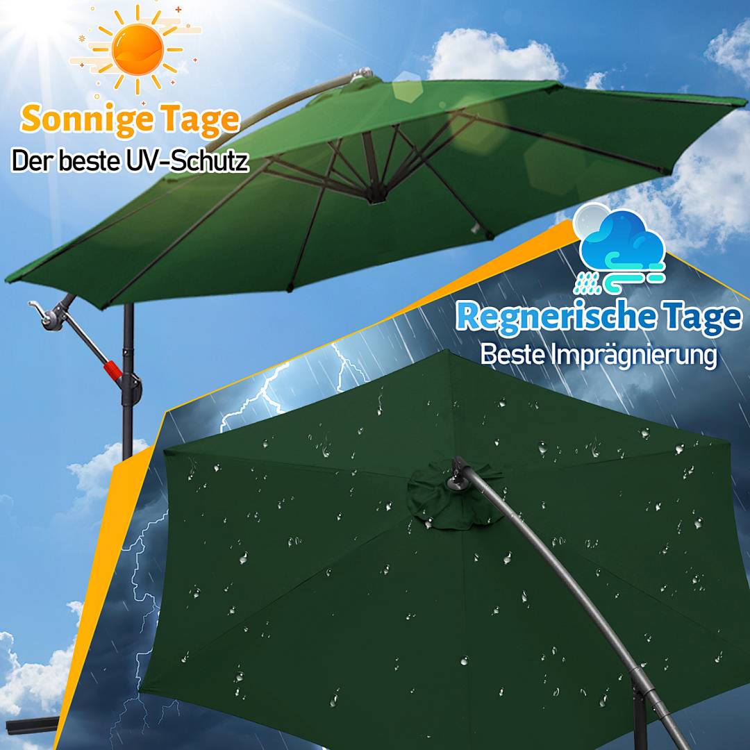 Der erste UV-Schutz Sonnenschirm mit Regenimprägnierung. Geeignet für sonnige und regnerische Tage. Grüner Regenschirm, illustriert in Sonne und Regen.