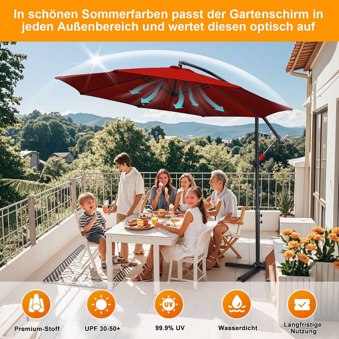 Eine Familie genießt eine Mahlzeit auf einer sonnigen Terrasse unter einem roten Gartenschirm. Der Text oben beschreibt die ästhetische Anziehungskraft des Schirms für Außenbereiche.