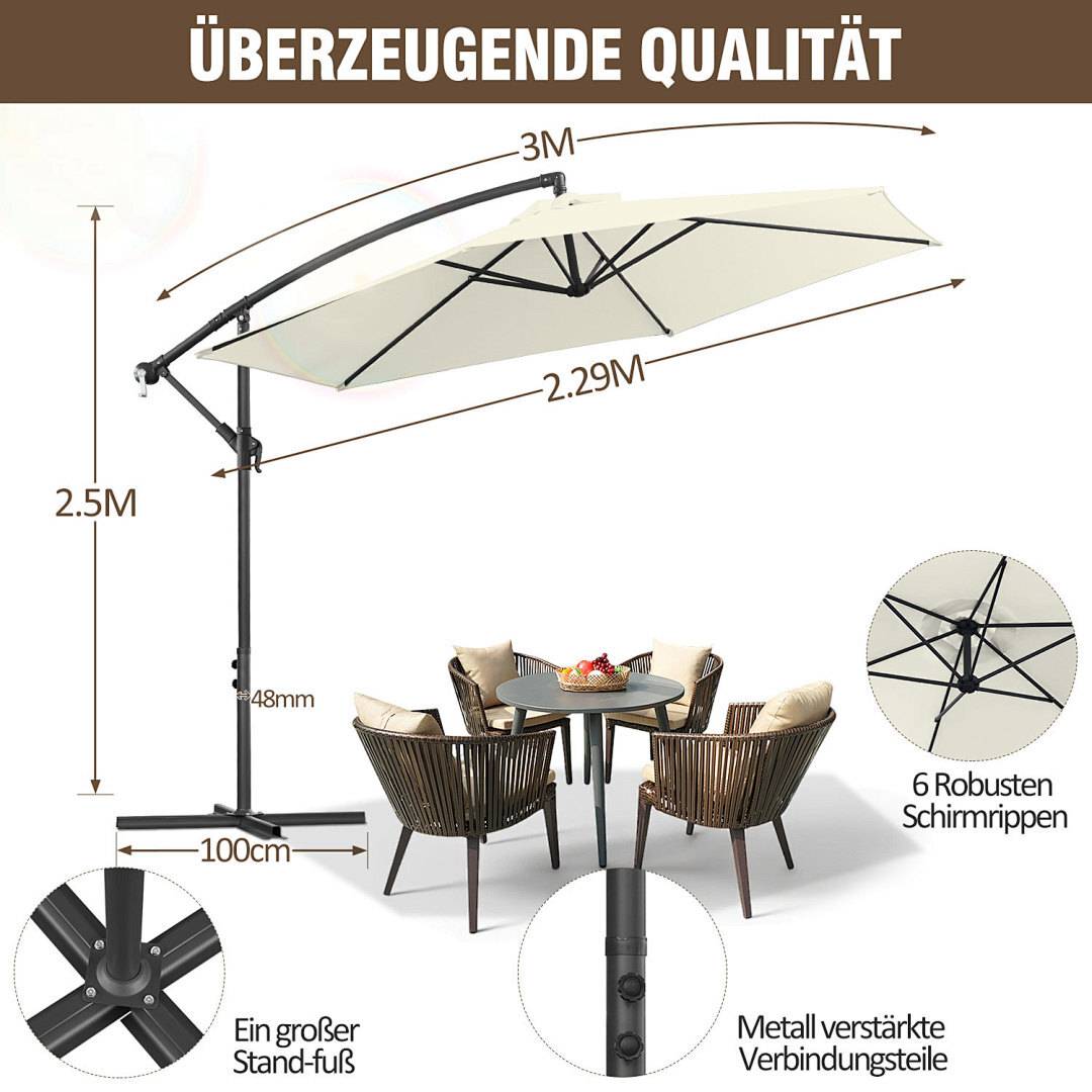 Das Bild zeigt einen beigen Terrassenschirm mit beschrifteten Abmessungen: 3 m breit, 2,29 m tief und 2,5 m hoch. Zu den Merkmalen gehören eine stabile Basis und Metallverbindungen. Darunter befinden sich vier Stühle und ein Tisch.