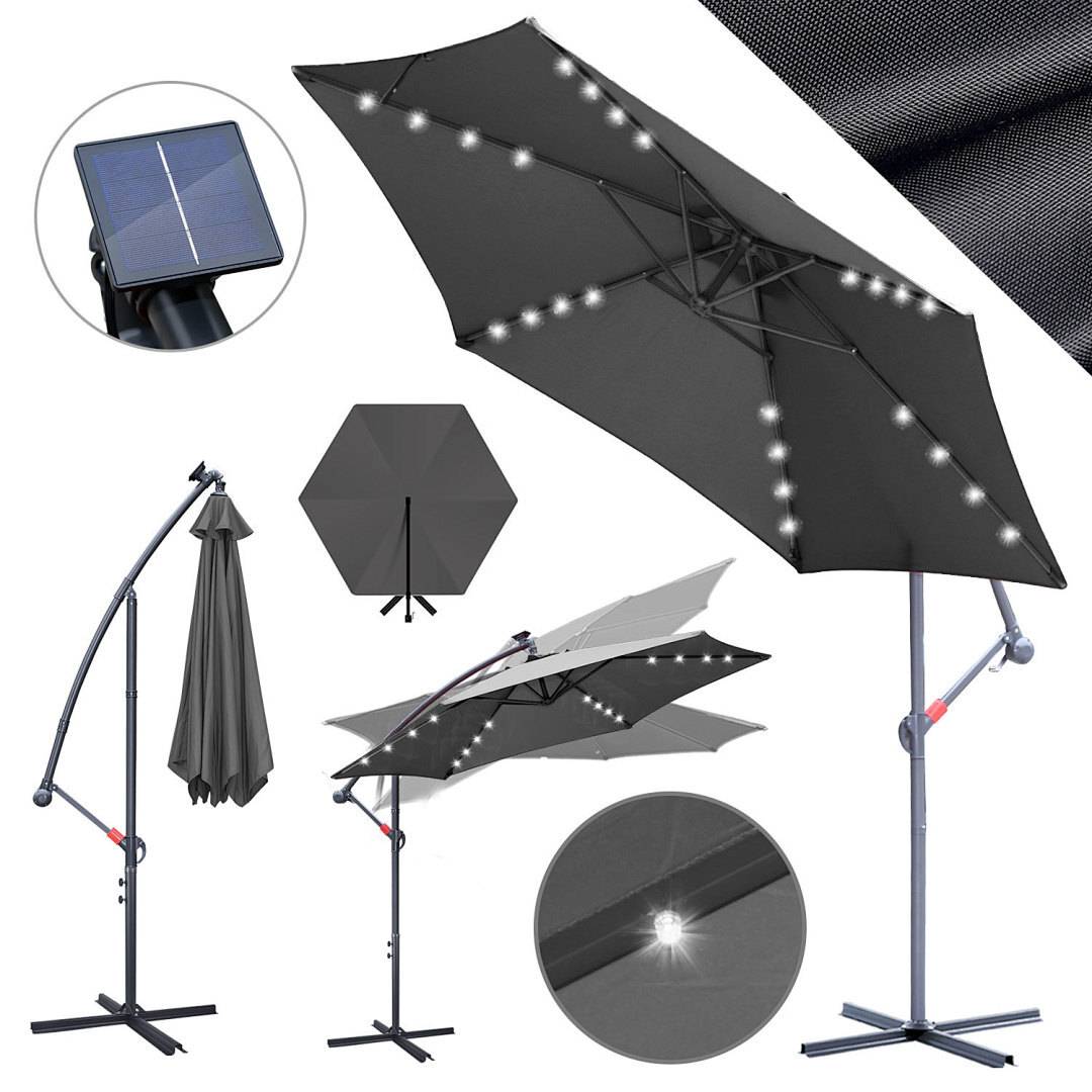 Ein schwarzer Outdoor-Regenschirm mit solarbetriebenen LED-Leuchten und einem Neigungs- und Kurbelmechanismus. Enthält eine Nahaufnahme des Solarmoduls und eine zusammengeklappte Ansicht.
