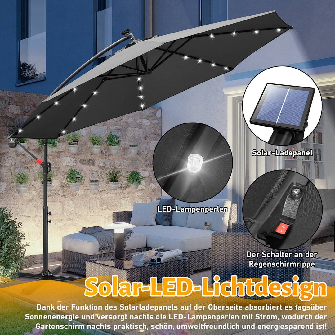 Ein Solar-LED-Patio-Sonnenschirm mit integriertem Lichtsystem. Nahaufnahmen zeigen ein Solarpanel und eine LED-Leuchte. Text: 'Solar-Lichtdesign'.