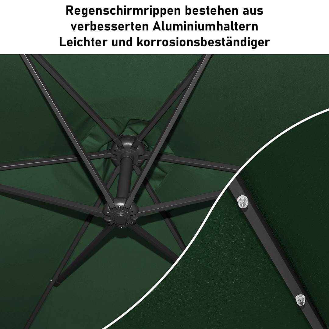 Nahaufnahme eines Regenschirmgestells mit Aluminiumstreben; der Text besagt, dass Regenschirmstreben aus verbessertem Aluminium hergestellt sind, leichter und korrosionsbeständiger.