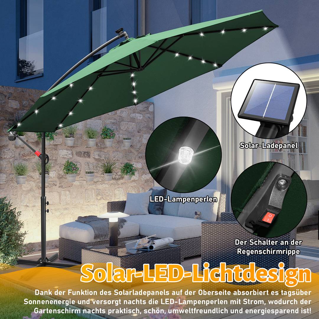Sonnenschirm 3m Grün mit LED Licht, Gartenschirm mit Kurbel, UV 50+ Schutz, kippbar, windstabil, inkl. Kreuzfuß, ideal für Garten Terrasse