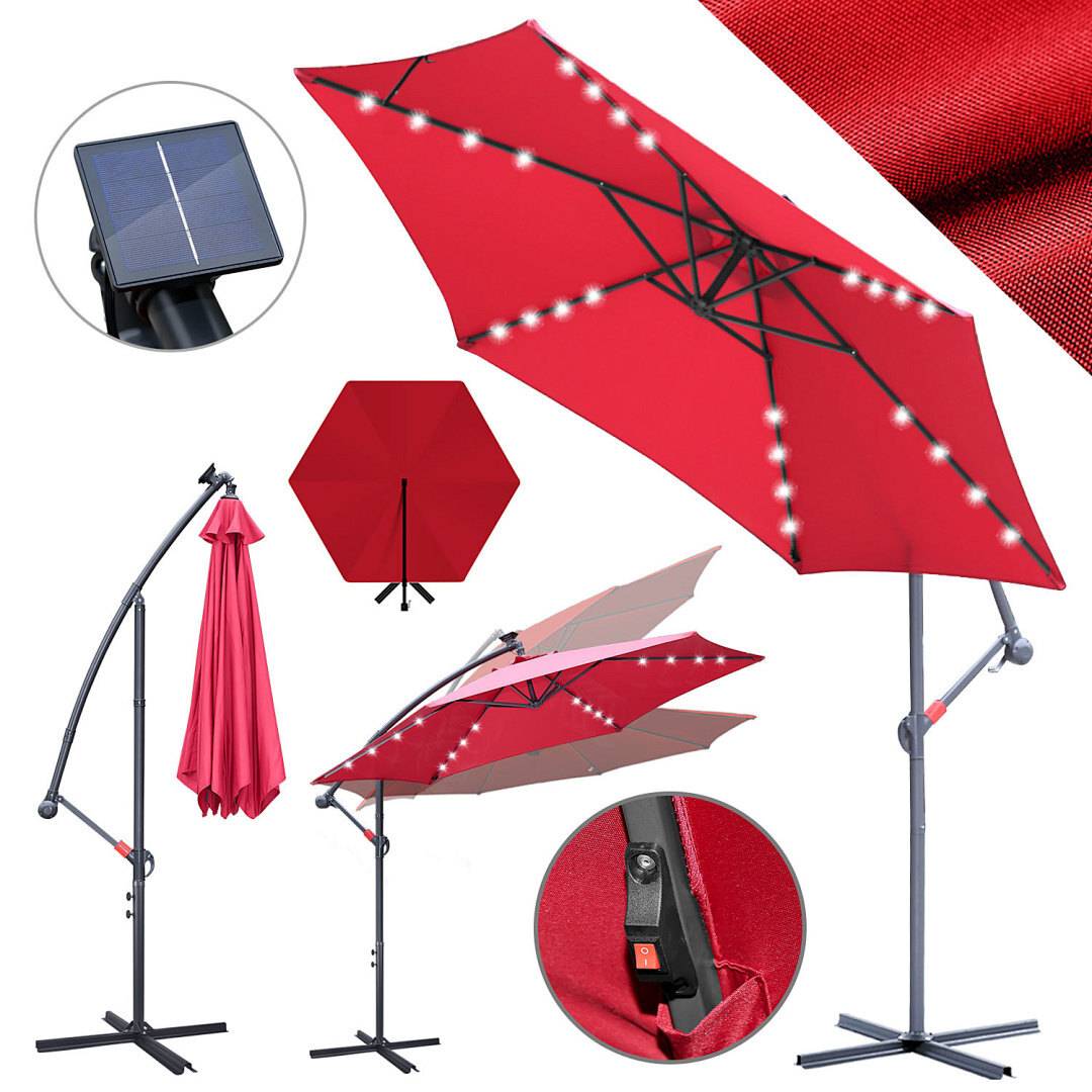 Roter Außenschirm mit LED-Leuchten, Solarpanel und verstellbarem Gestell; dargestellt geöffnet, geschlossen und mit Nahaufnahmen des Solarpanels und des Stoffes.