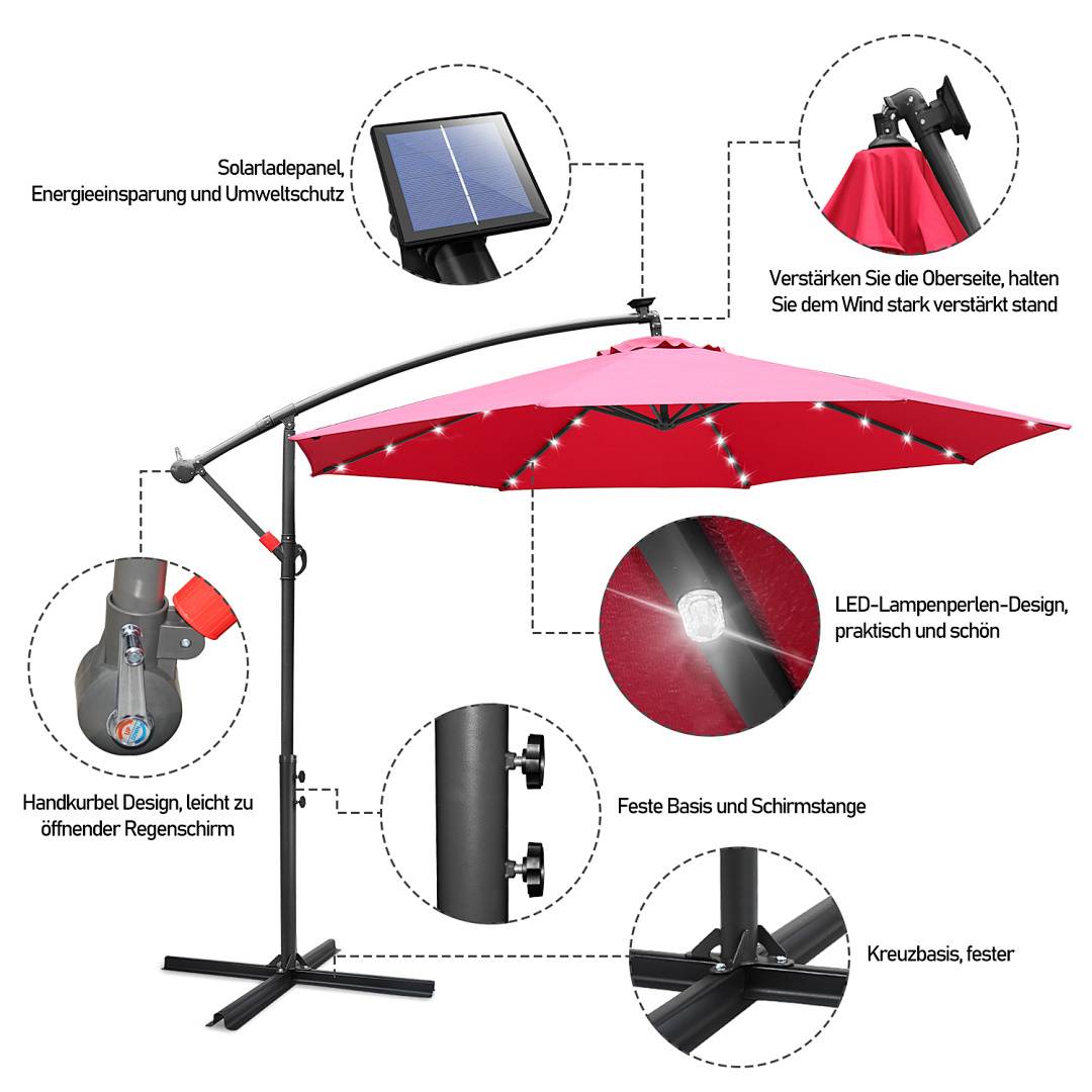 Rote Terrassenmarkise mit Solarpanel und LED-Leuchten. Zu den Merkmalen gehören verstärkte Spitzen, Handkurbel-Design, robuste Basis und Kreuzbasis für Stabilität.