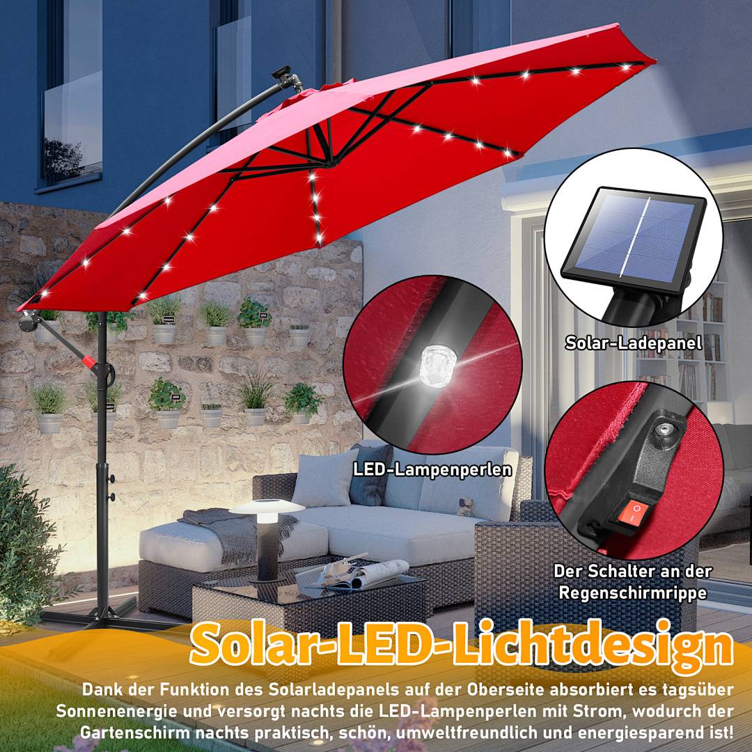 Ein mit Solarkraft betriebener LED-Terrassenschirm mit eingebauten Leuchten, dessen hervorragende Merkmale LED-Glühbirnen, ein Solarpanel und ein Regenschutzdesign umfassen.