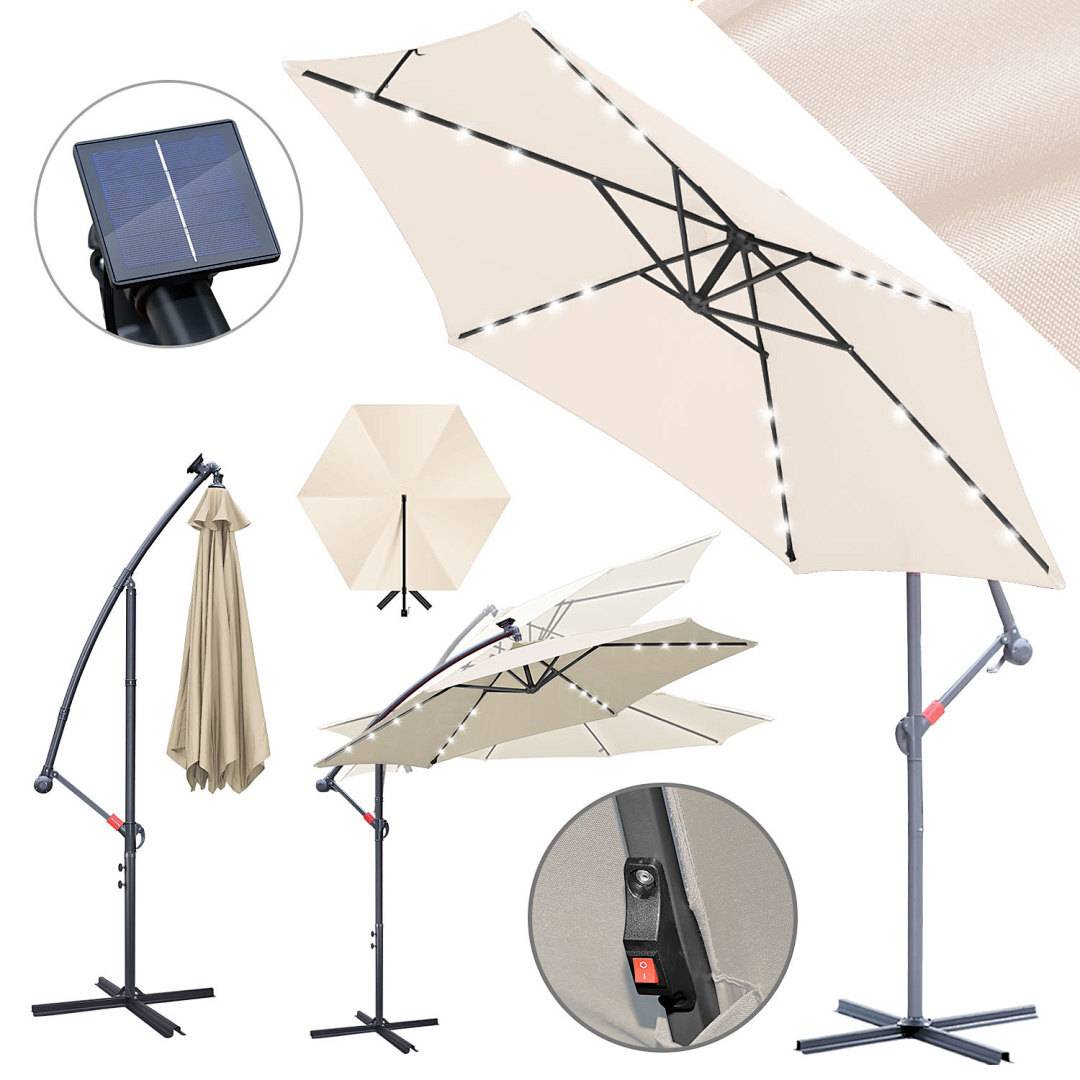 Beiger Outdoor-Regenschirm mit Solarpanel, hängende Ausführung, offene und geschlossene Ansichten, Nahaufnahme des Kontrollmechanismus und LED-Lichter.