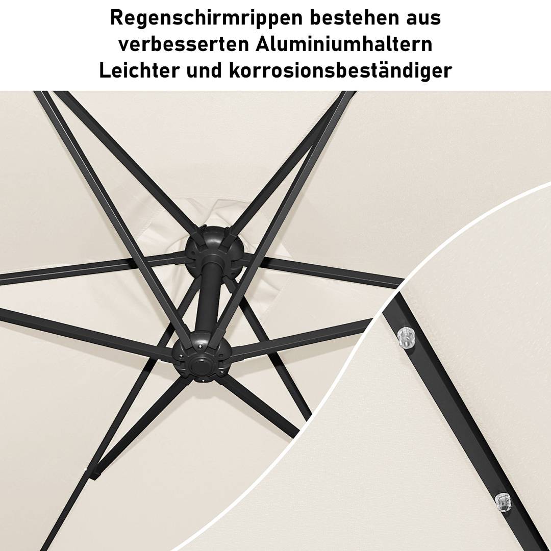 Regenschirmrippen bestehen aus verbesserten Aluminiumhaltern. Leichter und korrosionsbeständiger.