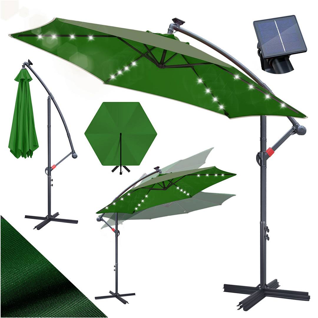 Grüner solarbetriebener Terrassenschirm mit LED-Leuchten, verstellbarer Höhe und Ständer. Verfügt über ein Solarpanel und drei Baldachinpositionen.