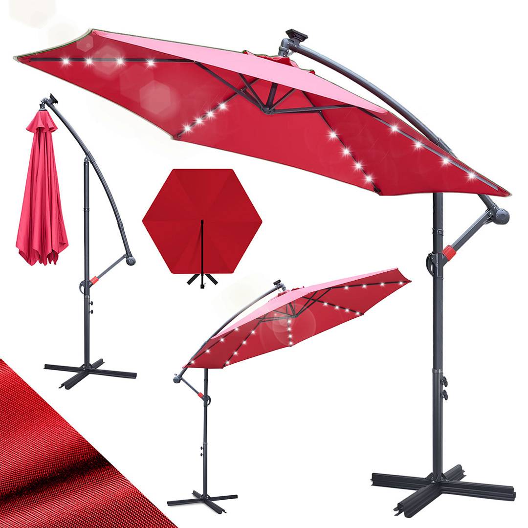 Ein rotes Außenschirm-Set mit LED-Leuchten wird angezeigt. Umfasst offene und geschlossene Ansichten, Draufsicht und Nahaufnahme der Stoffstruktur.