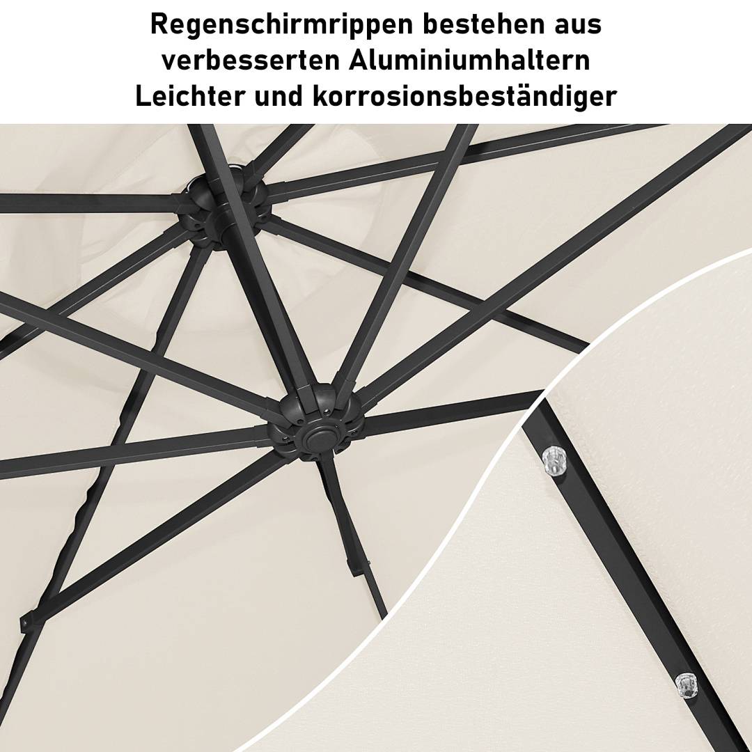 Ein beiger Regenschirm mit einem Metallgestell darunter, das verbesserte Aluminiumhalter zeigt, leichter und korrosionsbeständig. Deutscher Text oben.