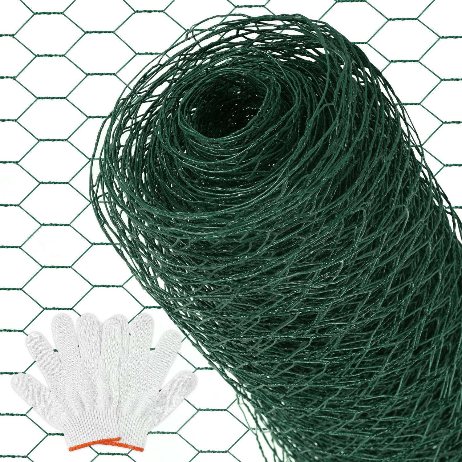 Rolle aus grünbeschichtetem PVC-Hühnerdraht und ein Paar weiße Arbeitshandschuhe mit orangefarbenen Manschetten auf einem Hintergrund mit Drahtnetz-Muster.