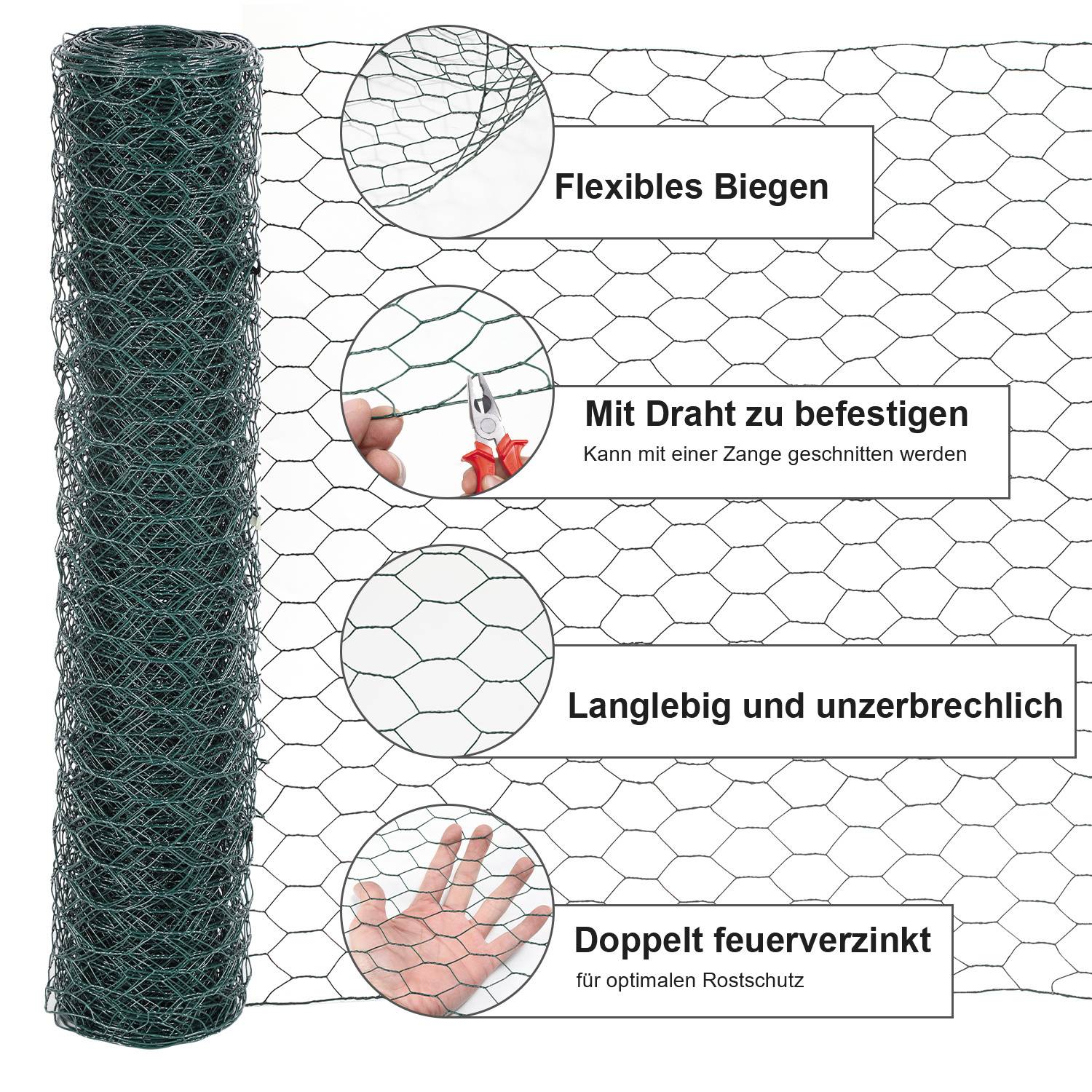 Eine Rolle aus flexiblem, haltbarem, doppelt verzinktem Drahtgeflecht wird im Detail dargestellt, mit Text, der seine rostbeständigen und schneidbaren Eigenschaften angibt.