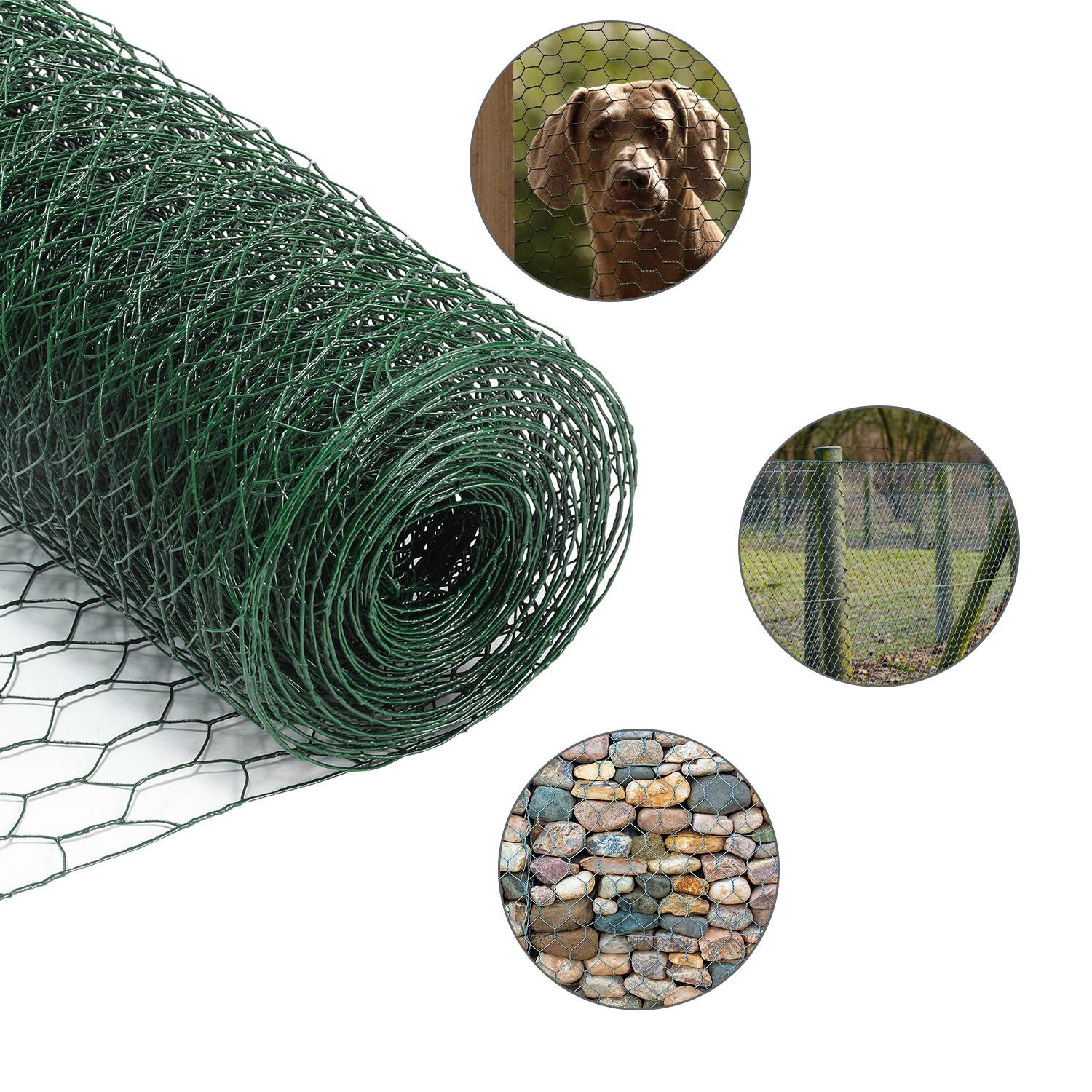 Eine Rolle grüne sechseckige Drahtgeflecht-Zaunanlage, die mit eingefügten Bildern ihrer Verwendung als Hundezaun, Gartenbegrenzung und Steinehalter gezeigt wird.