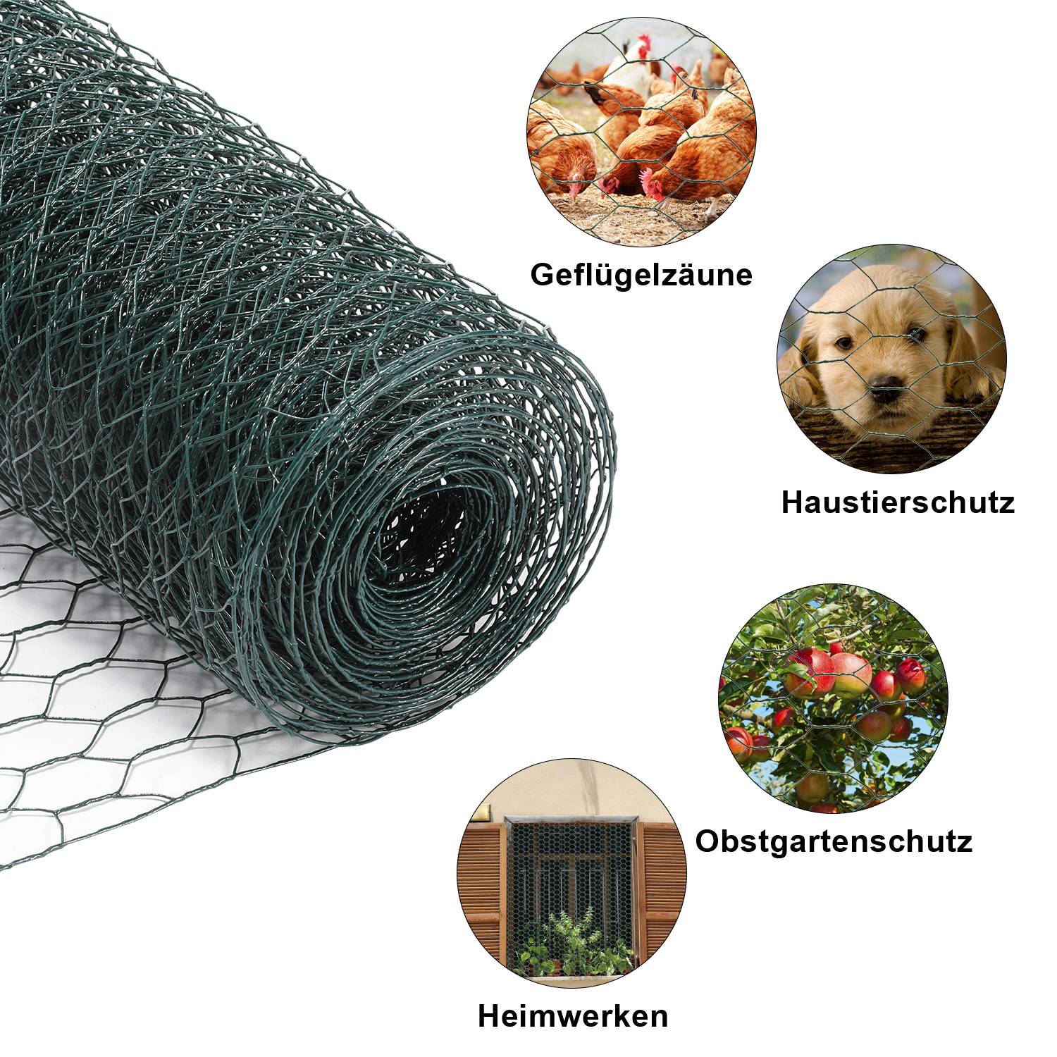 Eine Rolle grünes Maschendrahtgeflecht mit eingefügten Bildern, die Anwendungen zeigen: Geflügelzaun, Haustierschutz, Gartenschutz und DIY-Projekte.