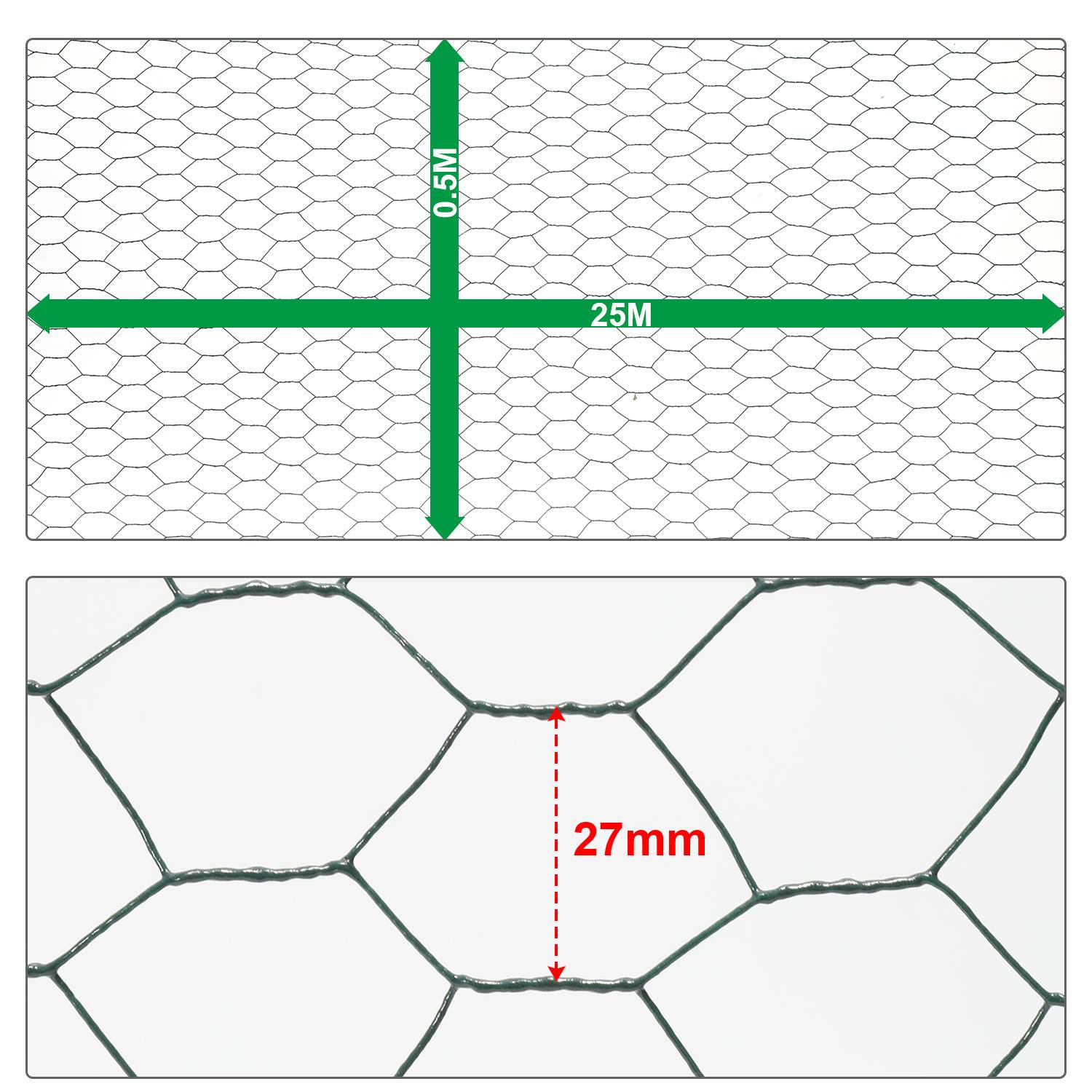 Drahtzaun aus Hühnerdraht, oberes Bild zeigt Abmessungen: 0,5m Höhe, 25m Länge. Unteres Bild zeigt hexagonales Muster mit 27mm Lücken.
