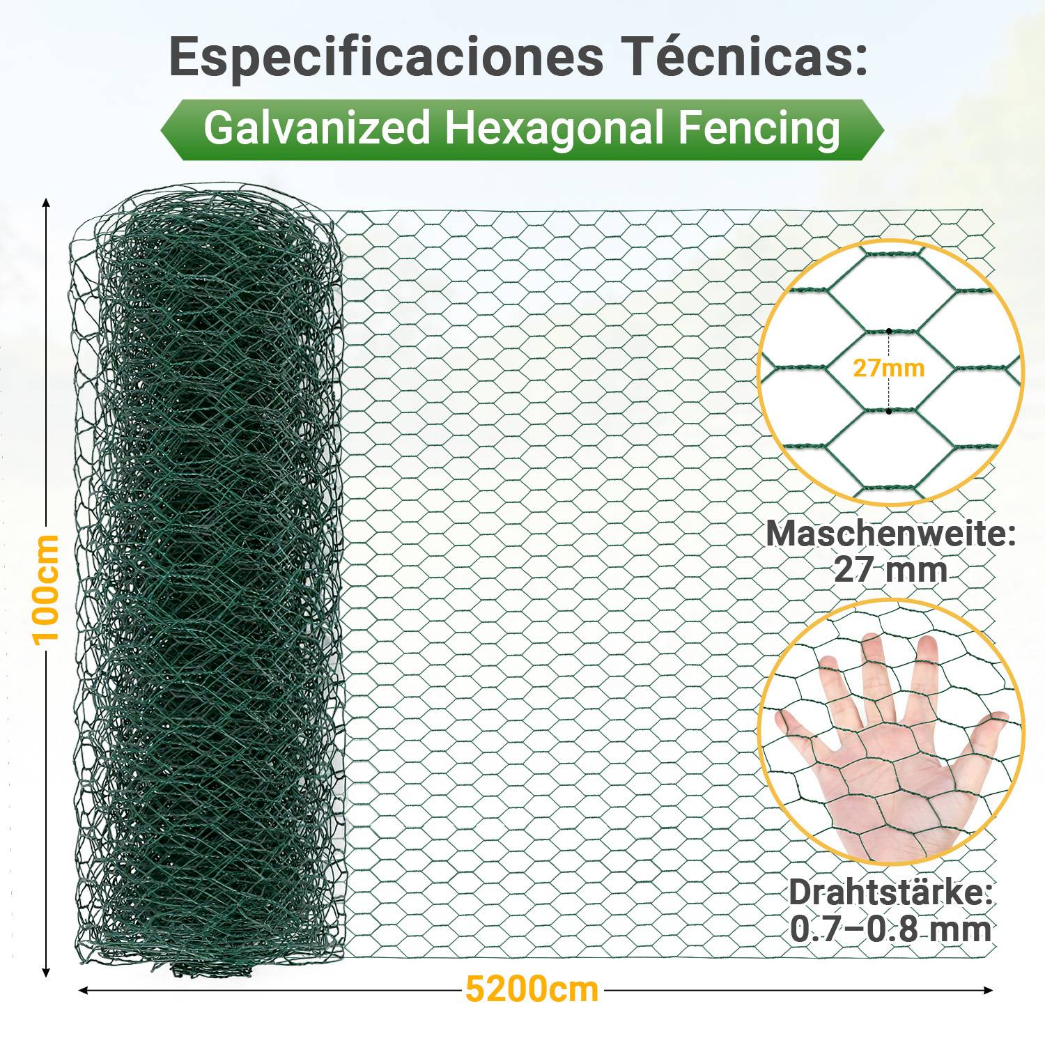 Sechseckgeflecht Volierendraht Hasendraht 1 x 52 m Drahtzaun grün 27 mm Kaninchendraht PVC-beschichtet (inklusive Handschuhe)