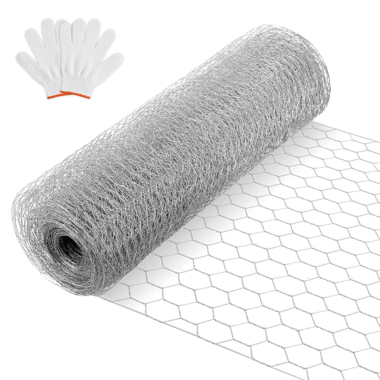 Rolle aus sechseckigem Drahtgeflecht mit Sicherheitshandschuhen.