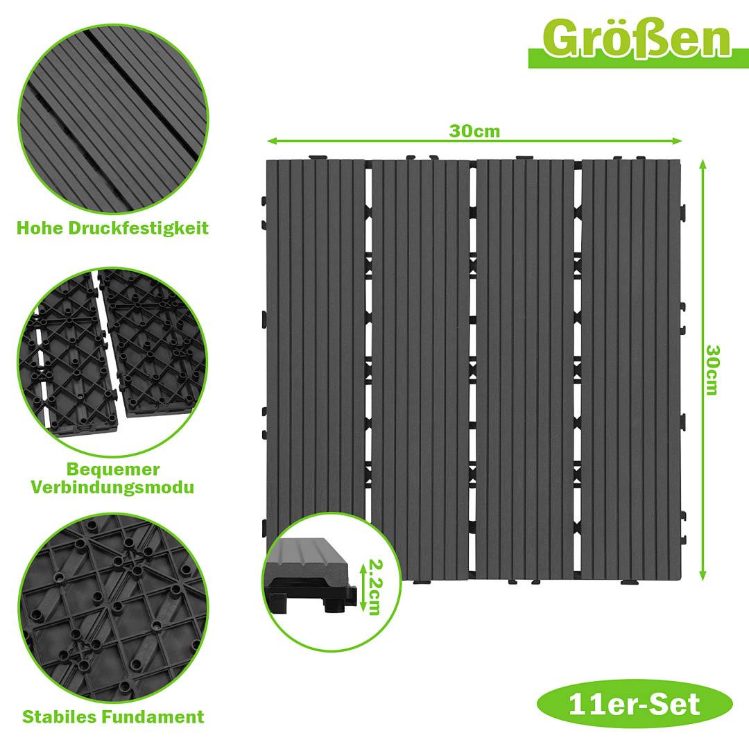 Schwarze verschlossene Bodenfliesen, je 30 cm. Merkmale: hohe Druckbeständigkeit, einfacher Verbindungsmodus, stabiles Fundament. Set von 11.