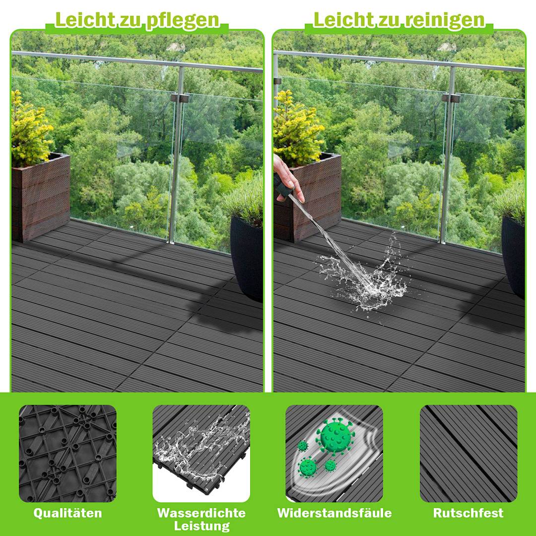 Zwei Bilder zeigen ein langlebiges, leicht zu reinigendes Deck. Das linke Bild hebt die Wartungsfreundlichkeit hervor; das rechte zeigt die Wasserfestigkeit.
