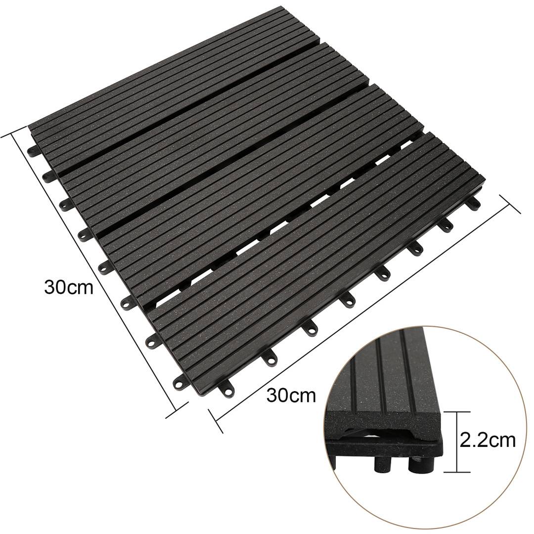 Verschlungene Terrassenfliese, schwarz, 30x30 cm, 2,2 cm Dicke. Die vergrößerte Nahaufnahme zeigt die Seitendetails und den Verschlungungsmechanismus.