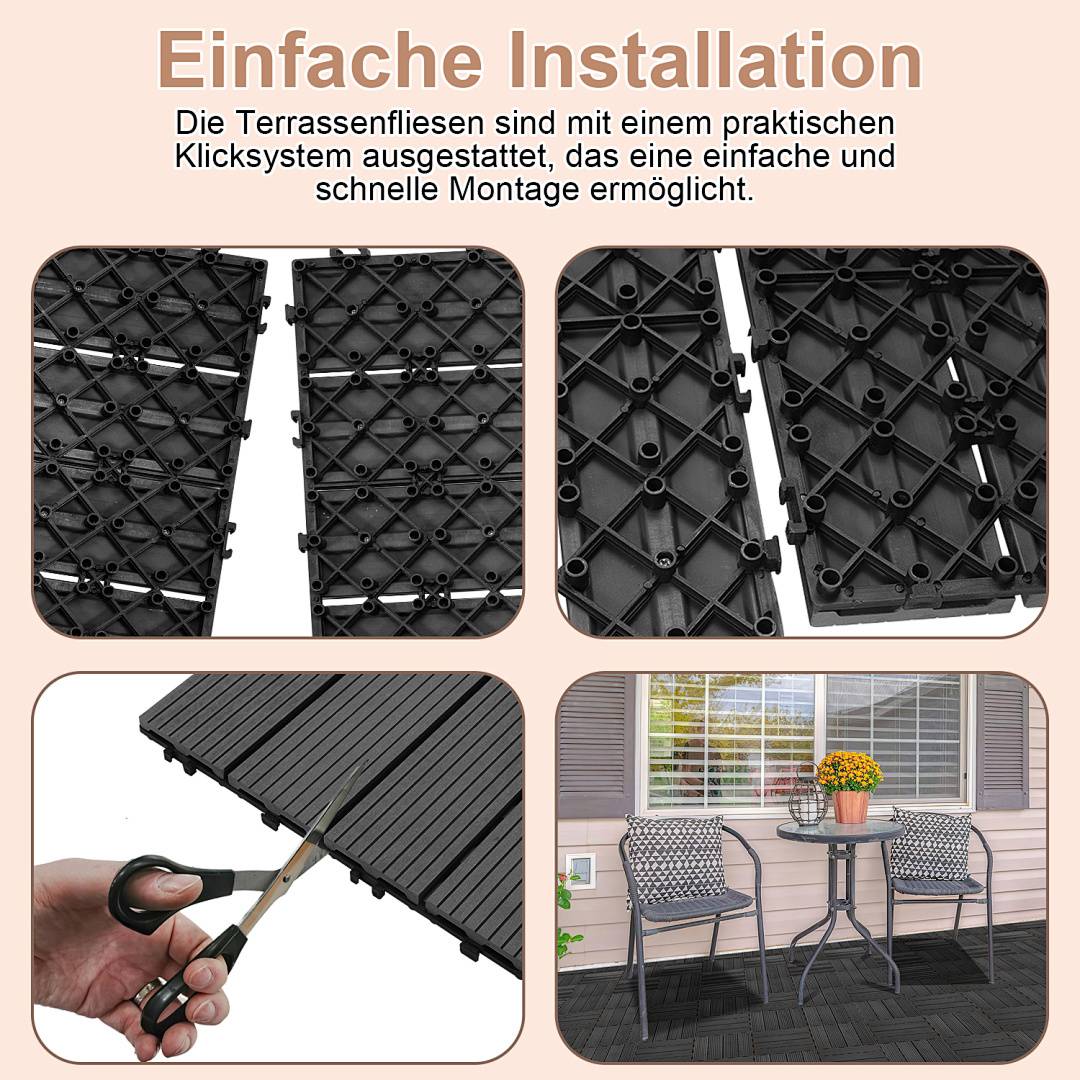 Das Bild zeigt eine Schritt-für-Schritt-Anleitung zur Installation von Terrassen-Fliesen mit einem Klicksystem. Es umfasst drei schwarze Fliesen-Details und eine Terrassen-Szene.