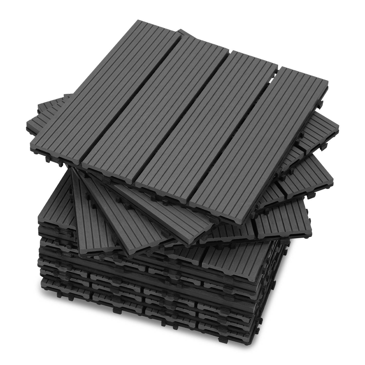 Stapel von verschachtelten schwarzen Verbundwerkstoff-Bodenfliesen mit Holzmaserungsstruktur und Entwässerungslücken. Geeignet für Außenbereiche.