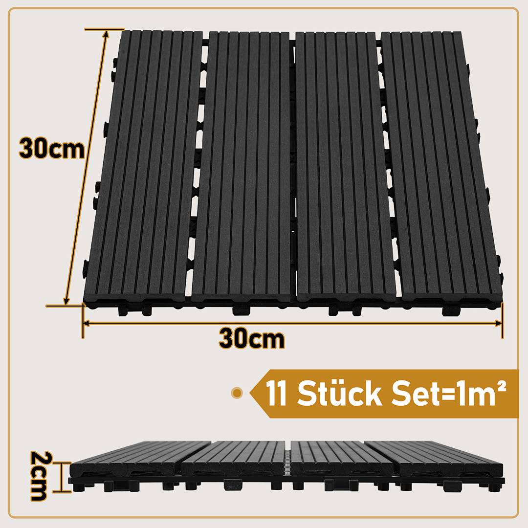 11 Stück Set=1m²' schwarze Terrassendielen mit Abmessungen: Draufsicht zeigt zwei Reihen, jeweils 30cm breit; Seitenansicht zeigt 2cm Dicke.