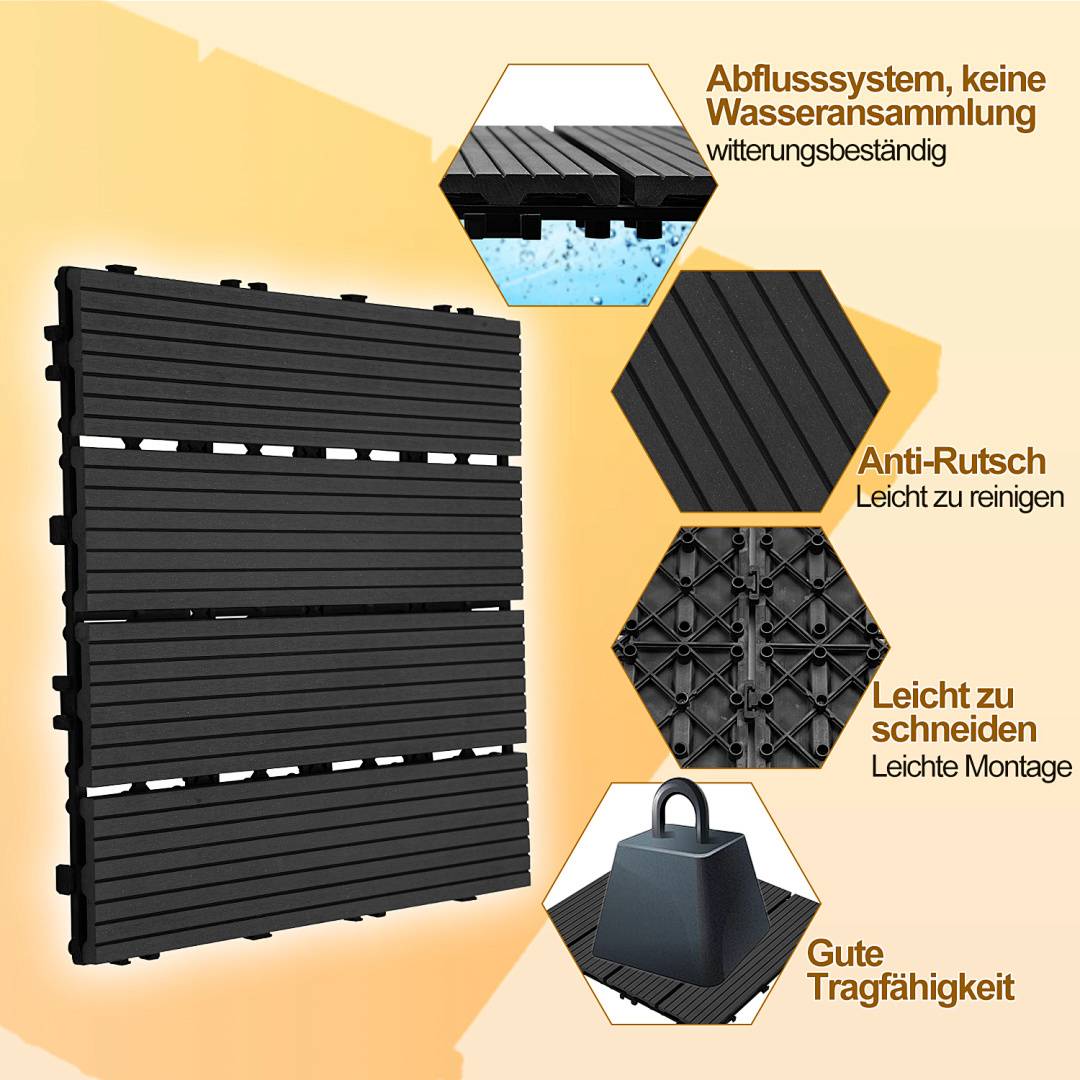 Schwarze verschlüsselte Fliesen mit Drainagesystem, rutschfeste Oberfläche und leicht zu schneidendes Design. Die Merkmale heben Langlebigkeit und einfache Reinigung hervor. Deutscher Text zu den Vorteilen: 'Anti-Rutsch', 'Gute Tragfähigkeit'.