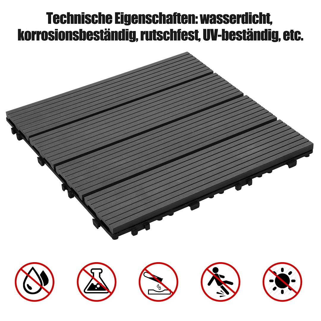 Schwarze ineinandergreifende Bodenfliese, oben abgebildet mit Symbolen, die wasserdicht, korrosionsbeständig, rutschfest und UV-beständig kennzeichnen.