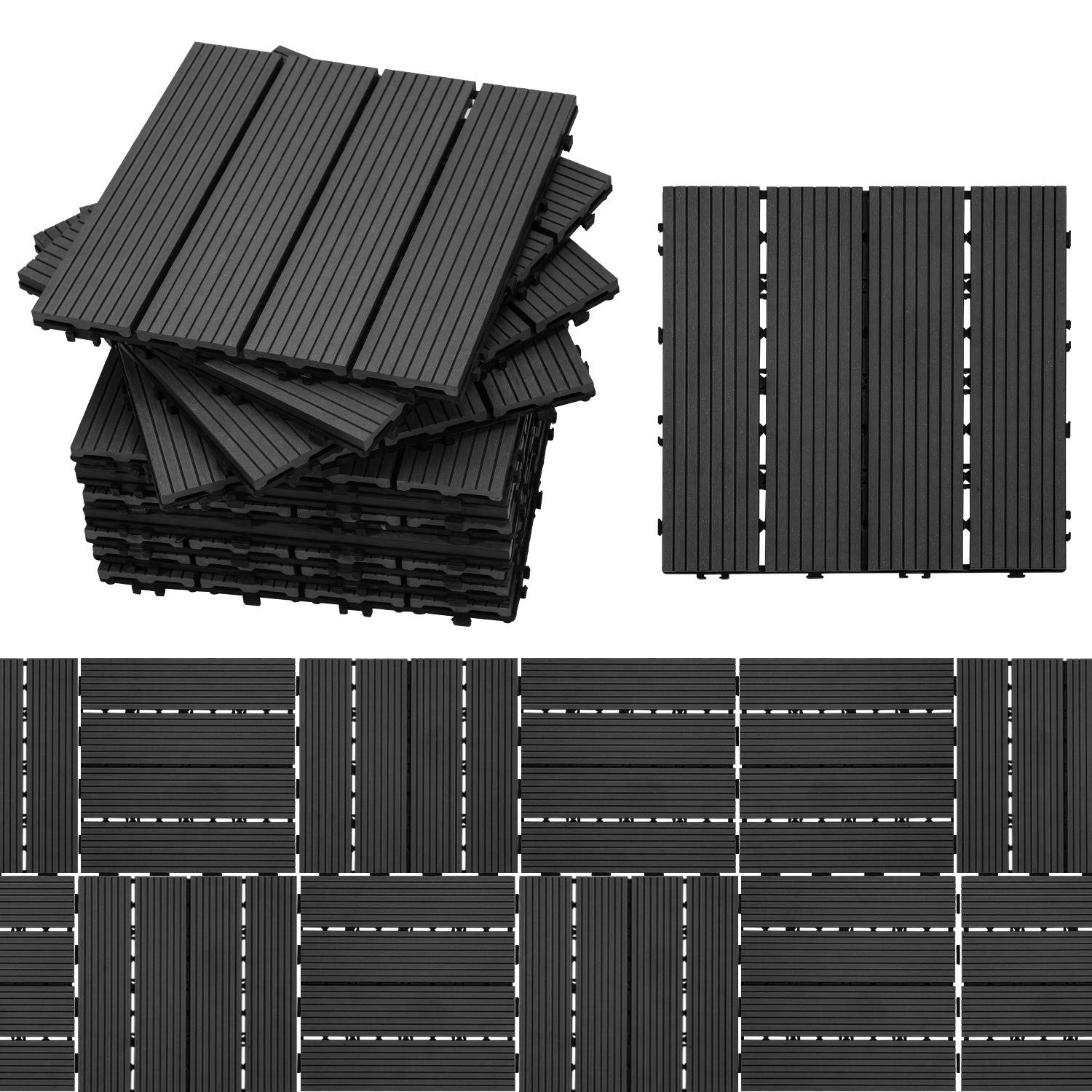 Gestapelte und ausgelegte verschachtelbare schwarze Terrassenplatten auf weißem Untergrund, die ihre Textur und das Montagemuster zeigen.