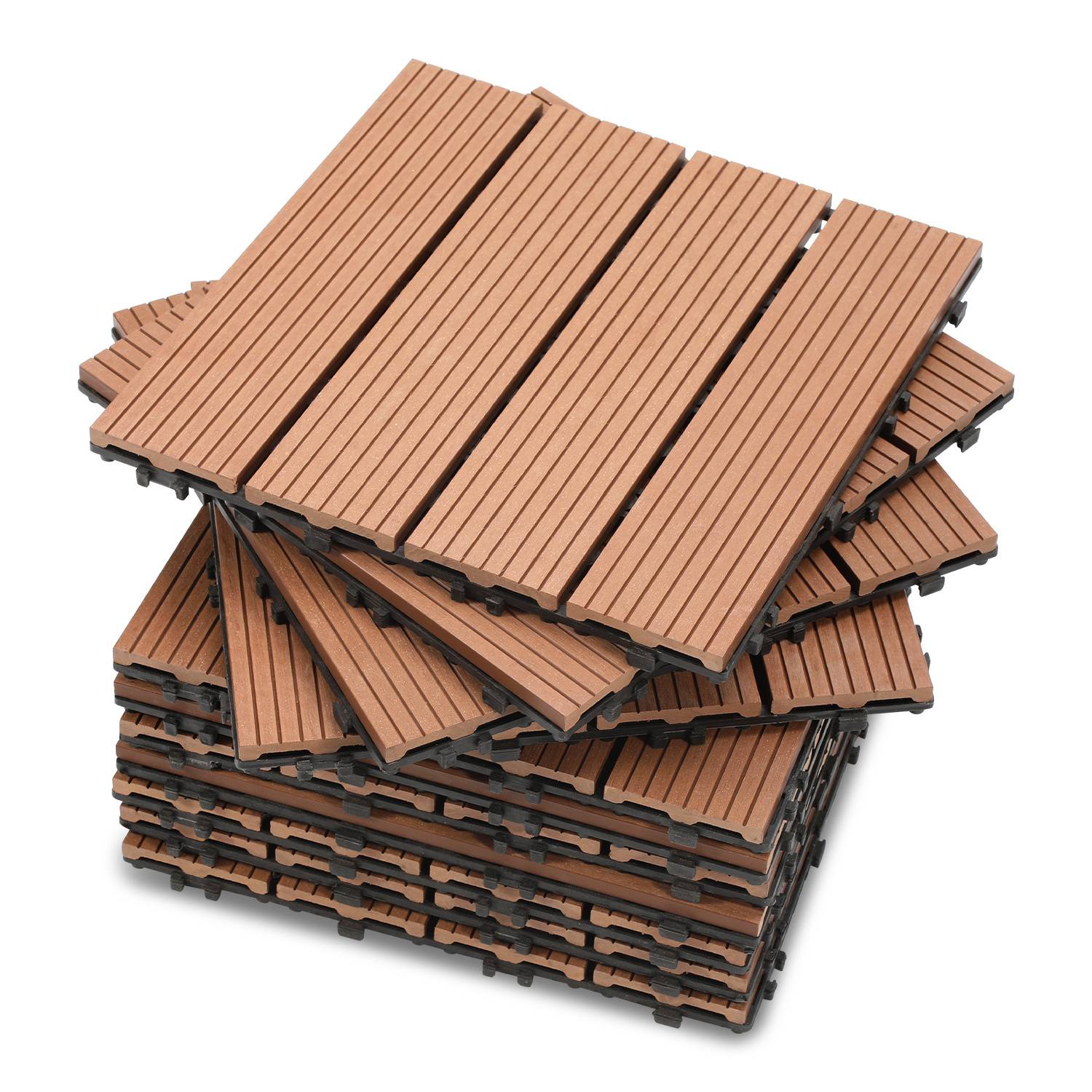 Ein Stapel ineinandergreifender brauner Deckenplatten mit lamelliger Oberfläche, geeignet für Außenbeläge.