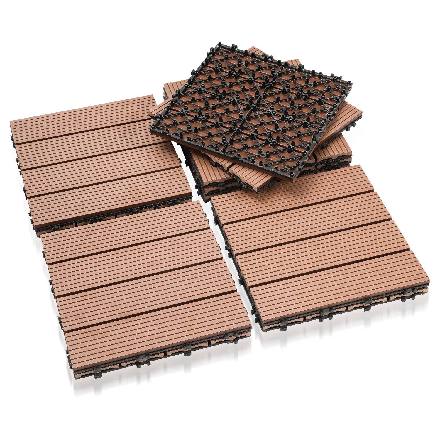 Verschachtelte Holzdielen aus Holz gestapelt und ausgebreitet, mit Lattendesign und Kunststoffrücken für einfache Montage und Außennutzung.