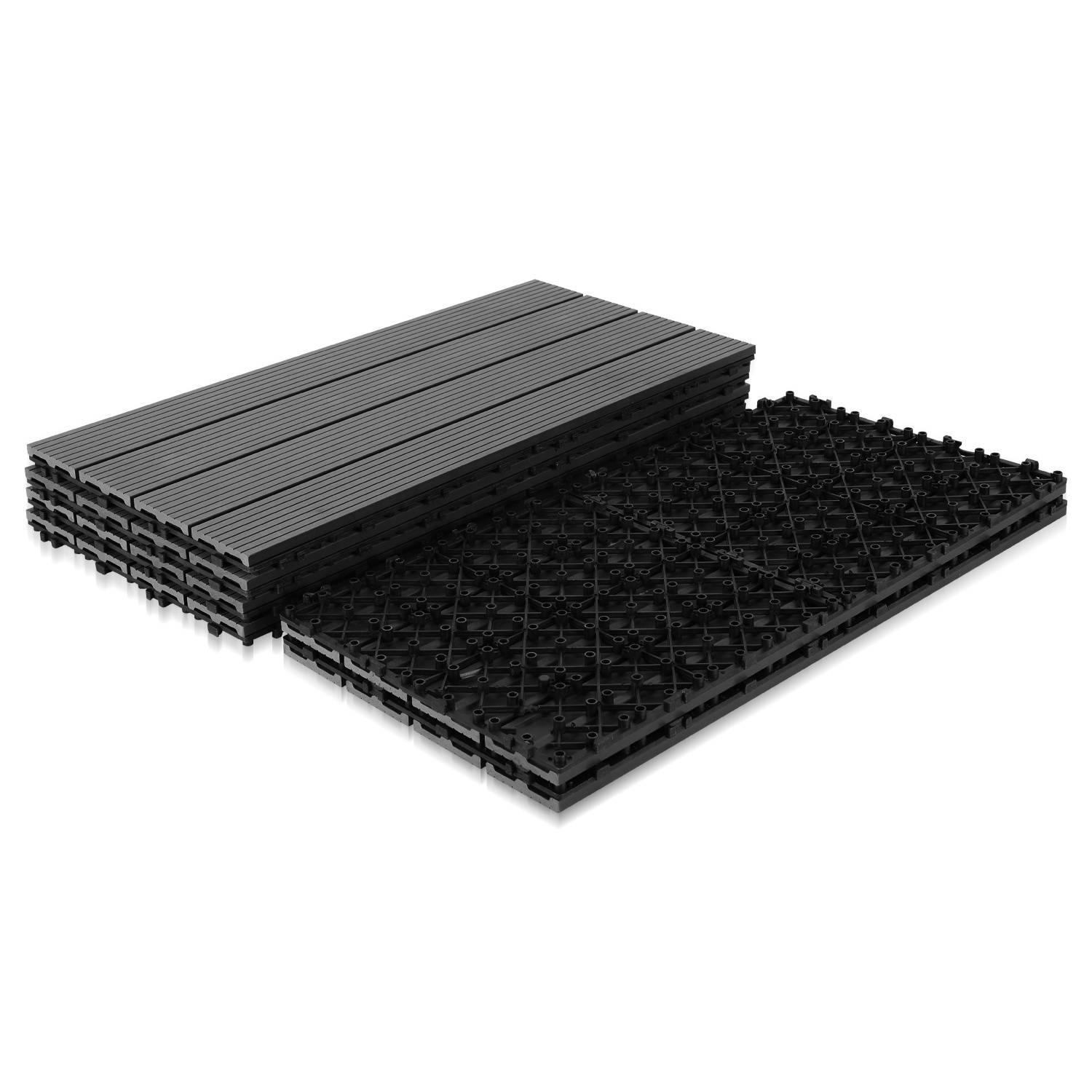 Zwei verschlungene schwarze Kunststoffplatten, eine mit Rillen strukturiert und die andere mit einem Kreuzschraffurmuster, aufeinander gestapelt.