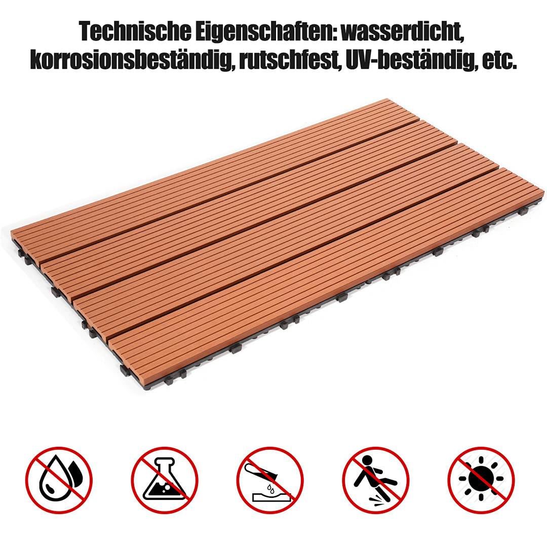Braune verschlossene Bodenfliesen werden gezeigt. Der Text oben lautet: „Technische Merkmale: wasserdicht, korrosionsbeständig, rutschfest, UV-beständig, usw.